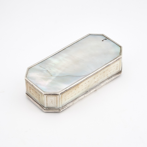 609 - AN 18TH CENTURY SILVER AND MOTHER-OF-PEARL TOBACCO BOX unmarked, rectangular with canted corners and... 