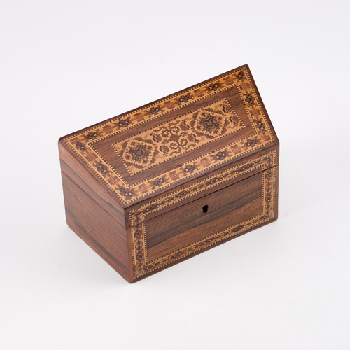 65 - A VICTORIAN TUNBRIDGE WARE AND ROSEWOOD STATIONERY BOX of canted rectangular form with a hinged slop... 