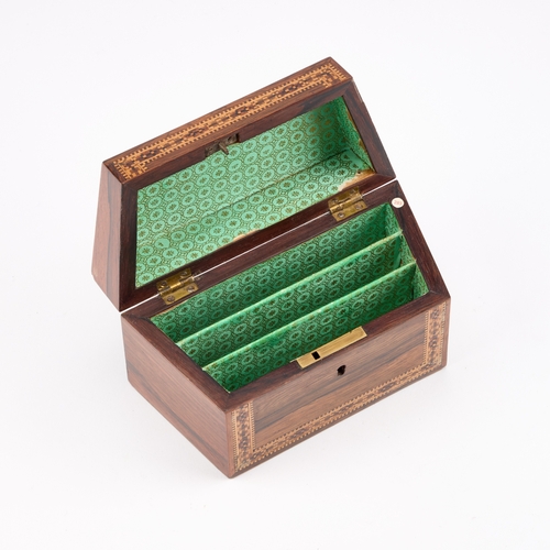 65 - A VICTORIAN TUNBRIDGE WARE AND ROSEWOOD STATIONERY BOX of canted rectangular form with a hinged slop... 