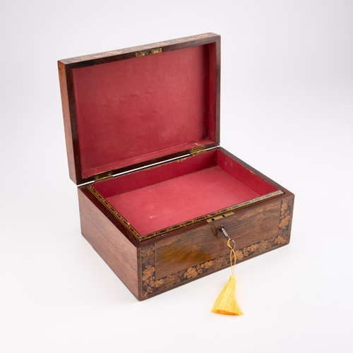 69 - A 19TH CENTURY ROSEWOOD AND TUNBRIDGE WARE WORKBOX the hinged lid inlaid with a view of Eridge Castl... 