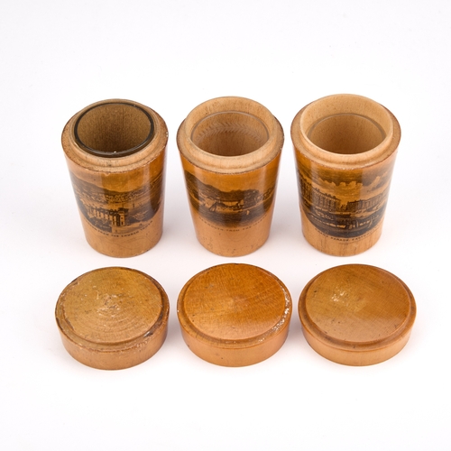 80 - THREE MAUCHLINE WARE GLASS HOLDERS each decorated with a titled and printed scene. (3) Tallest 7.5cm... 