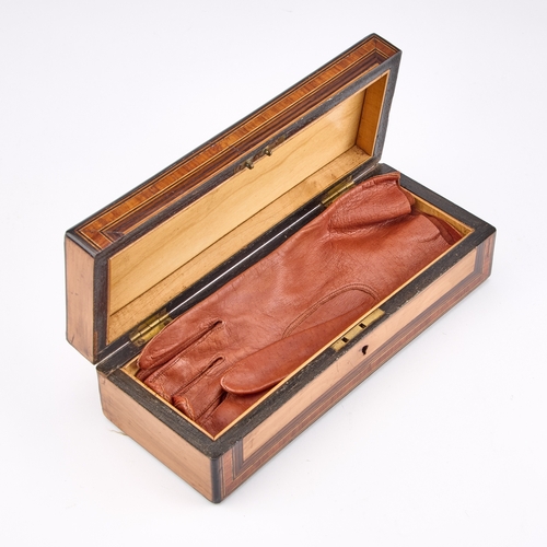 84 - A VICTORIAN INLAID GLOVE BOX rectangular, the hinged cover centred by a mother-of-pearl cartouche in... 