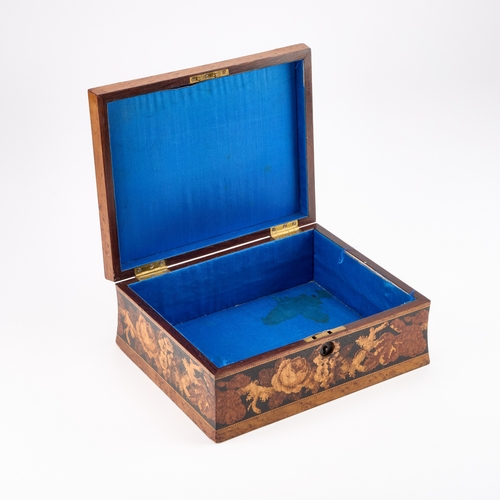 9 - AN UNUSUAL 19TH CENTURY TUNBRIDGE WARE JEWELLERY BOX the hinged lid inlaid with a Goshawk, decorated... 