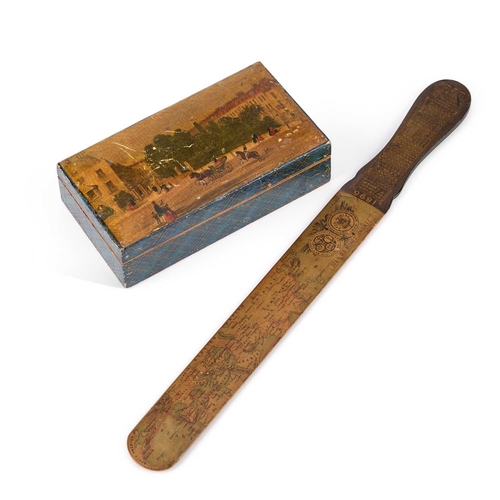 101 - A 19TH CENTURY WRITING BOX rectangular, decorated to the cover with a printed scene, titled to the i... 