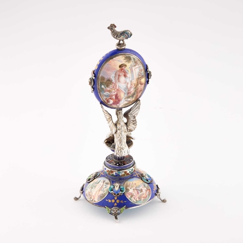 1024 - A VIENNESE SILVER AND ENAMEL CLOCK by Hermann BÃ¶hm, Vienna, c.1880, on a domed base and with winged... 