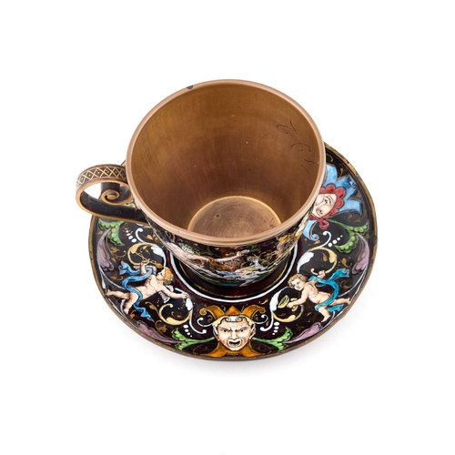 1025 - A LATE 19TH CENTURY LIMOGES ENAMEL CUP AND SAUCER, IN 16TH CENTURY STYLE each decorated in polychrom... 