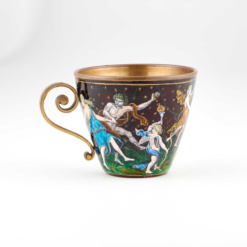 1025 - A LATE 19TH CENTURY LIMOGES ENAMEL CUP AND SAUCER, IN 16TH CENTURY STYLE each decorated in polychrom... 