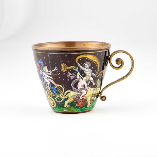 1025 - A LATE 19TH CENTURY LIMOGES ENAMEL CUP AND SAUCER, IN 16TH CENTURY STYLE each decorated in polychrom... 