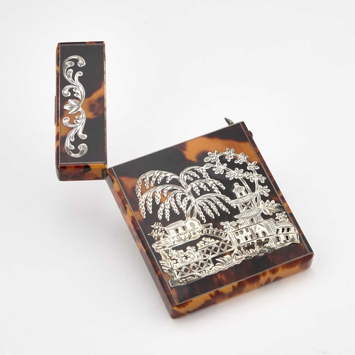 1029 - A 19TH CENTURY SILVER AND TORTOISESHELL CARD CASE rectangular, decorated front and back with Chinois... 