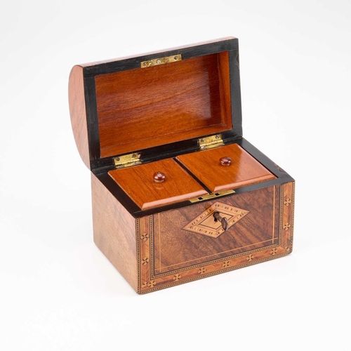 103 - A VICTORIAN INLAID WALNUT TEA CADDY with a domed top, decorated with Tunbridge type inlay, the inter... 