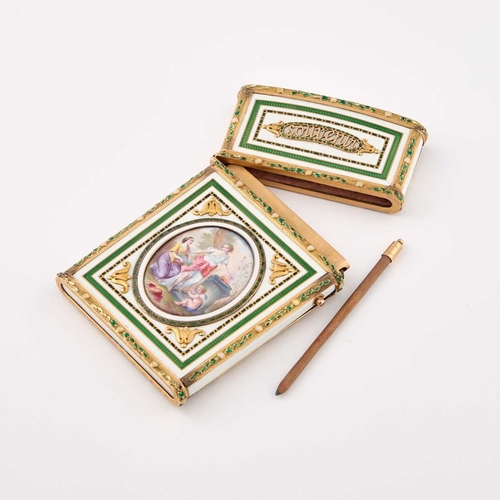 1035 - A FINE 18TH CENTURY FRENCH GOLD AND ENAMEL CARNET DE BAL charge mark of Jean-Jaques PrÃ©vost (1762-1... 