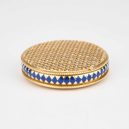 1041 - A FINE FRENCH 18 CARAT GOLD AND ENAMEL BOX French marks, English import marks, circular with a woven... 