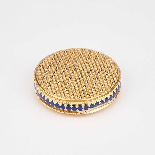 1041 - A FINE FRENCH 18 CARAT GOLD AND ENAMEL BOX French marks, English import marks, circular with a woven... 