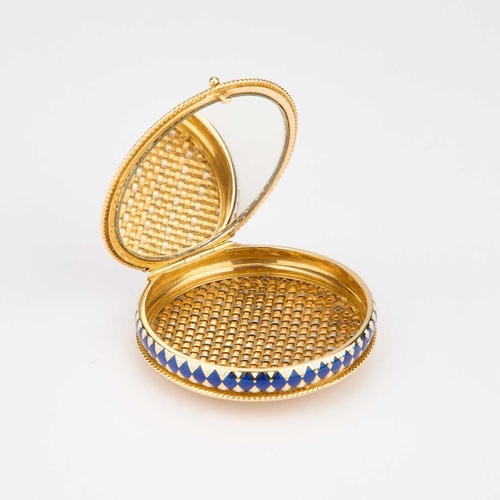 1041 - A FINE FRENCH 18 CARAT GOLD AND ENAMEL BOX French marks, English import marks, circular with a woven... 