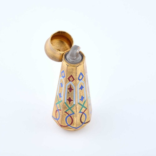 1044 - A 19TH CENTURY CHAMPLEVÃ ENAMEL SCENT BOTTLE unmarked, of faceted tapering form with a domed hinged... 