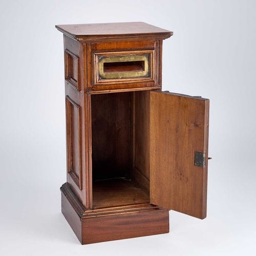 106 - A 20TH CENTURY MAHOGANY PRIVATE POSTBOX with brass letter hole and panel door, the brass plaque insc... 