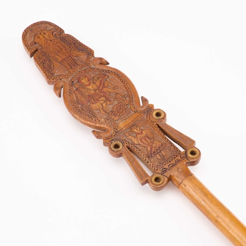 1062 - AN UNUSUAL 19TH CENTURY SOUTHERN EUROPEAN CARVED WOOD STAFF carved with dual birds and figures on ho... 