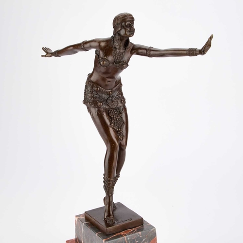 1068 - AFTER DEMETRE H CHIPARUS (ROMANIAN 1886-1947), EGYPTIAN DANCER bronze on a marble three tiered base.... 