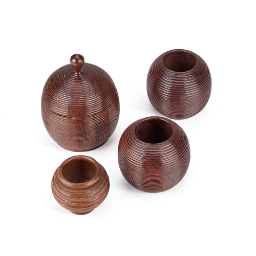 107 - A PAIR OF TREEN VASES possibly rosewood or kingwood, of globular form with ribbed decoration; togeth... 