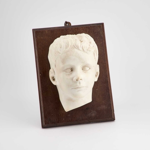 1089 - A MARBLE HEAD OF A BOY unsigned, probably English, mounted on an oak board. Head 21cm high, board 29... 