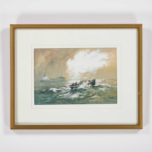 1116 - â¡ ROBERT LESLIE HOWEY (1900-1981) BOAT AND TANKER IN ROUGH SEAS Signed
Watercolour and gouache
 
 ... 