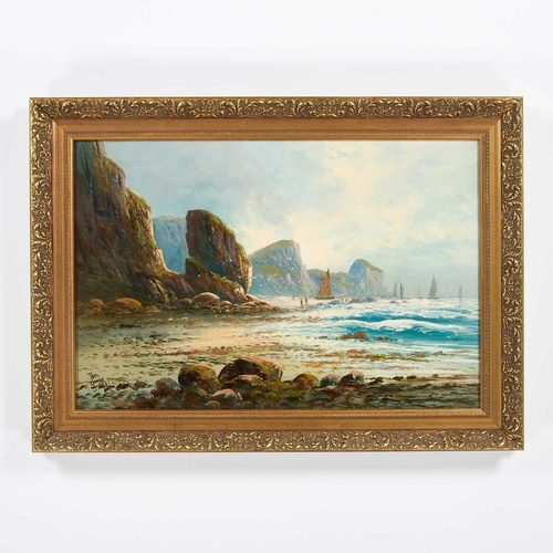 1119 - JOEL OWEN AKA FRANCIS E. JAMIESON (1895-1950) COASTAL VIEW WITH BOATS Signed Joe Owen and dated 1910... 