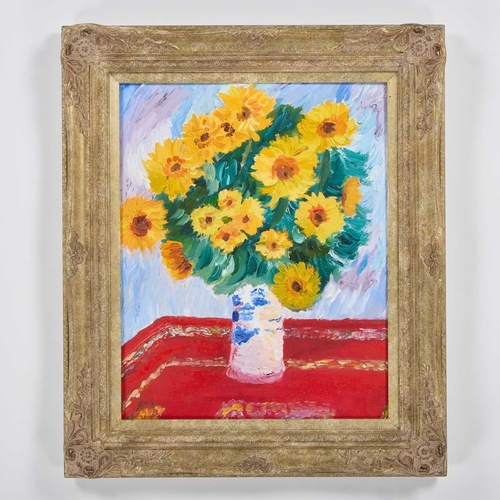 1123 - â¡ JOHN NICHOLSON (CONTEMPORARY) SUNFLOWERS IN A VASE Oil on board
 
 (50cm x 40cm)... 