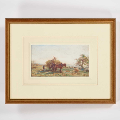 1130 - DAVID THOMAS ROBERTSON (1879-1952) COLLECTING THE HARVEST Signed
Watercolour
 (12cm x 22cm)... 