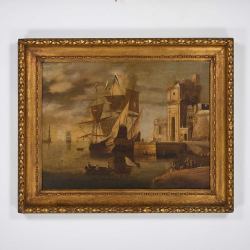 1145 - 18TH/ 19TH CENTURY EUROPEAN SCHOOL WARSHIP IN A HARBOUR Oil on canvas(64.5cm x 84cm)... 