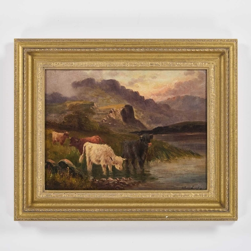 1156 - WILLIAM LANGLEY (1852-1922) HIGHLAND CATTLE BY A LOCH Signed
Oil on canvas
 
 (29cm x 39cm)... 