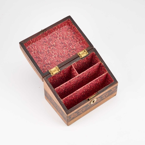 117 - A VICTORIAN BIRDS EYE MAPLE AND TUNBRIDGE WARE STATIONERY BOX with a fine mosaic view of Eridge Cast... 