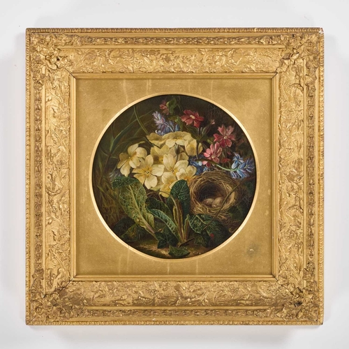 1175 - 19TH CENTURY ENGLISH SCHOOL STILL LIFE OF FLOWERS AND A BIRDS NEST Labels verso and Christies Stenci... 