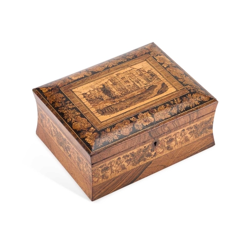 118 - A VICTORIAN TUNBRIDGE WARE WORK BOX the hinged cover inlaid with a view of Hever Castle, vacant inte... 