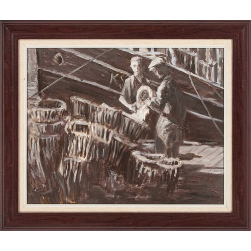 1198 - â¡ C. JACK (CONTEMPORARY) FOUR OILS INCLUDING FISHING BOATS AND FIGURES Signed
Oil on board
 (Each ... 