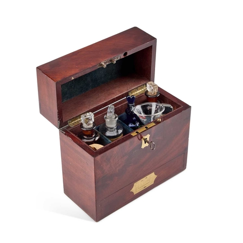 120 - A 19TH CENTURY MAHOGANY APOTHECARY BOX rectangular, containing various glass bottles, the base drawe... 