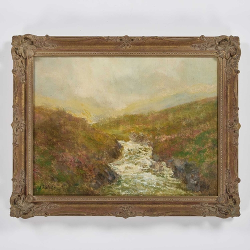 1209 - JOHN FALCONER SLATER (1857-1937) UPLAND STREAM Signed
Oil on board
 (32cm x 42cm)... 