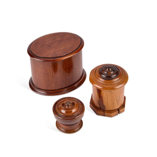 121 - A 19TH CENTURY LIGNUM VITAE TREEN STRING BOX together with a 19th Century oval mahogany tea caddy an... 