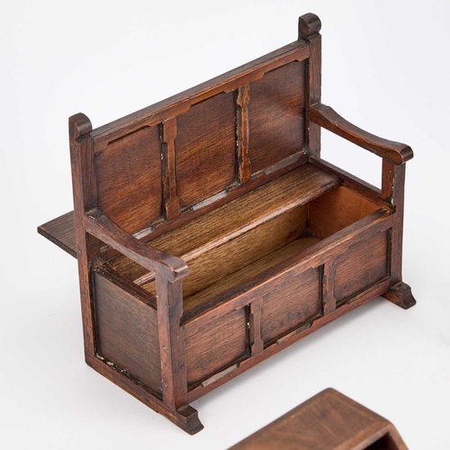 123 - SIX PIECES OF MINIATURE FURNITURE comprising four Windsor chairs, a bureau and a settle; along with ... 