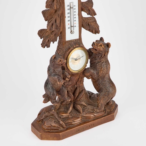 1240 - A BLACK FOREST CARVED CLOCK AND BAROMETER, 19TH CENTURY carved with two bears and a tree, carved to ... 