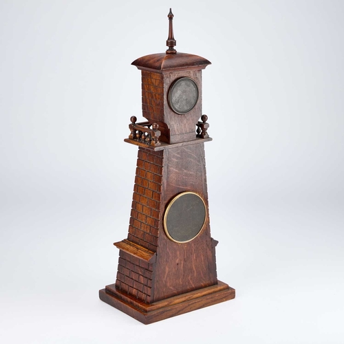 1243 - A LATE VICTORIAN CARVED OAK TOWER-SHAPED CLOCK with an aneroid barometer inset to the top, the body ... 