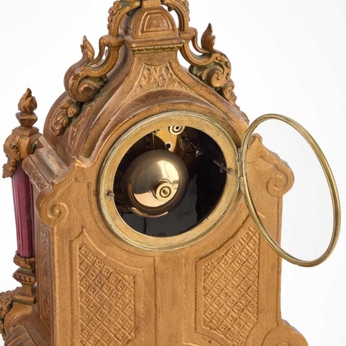 1246 - A LATE 19TH CENTURY FRENCH GILT-METAL AND MAGENTA-GROUND PORCELAIN CLOCK GARNITURE the clock elabora... 