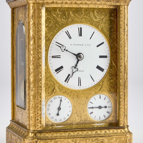 1251 - A FINE 19TH CENTURY BRASS CASED REPEATING CARRIAGE CLOCK WITH ALARM AND CALENDAR DIAL SIGNED D. POTO... 