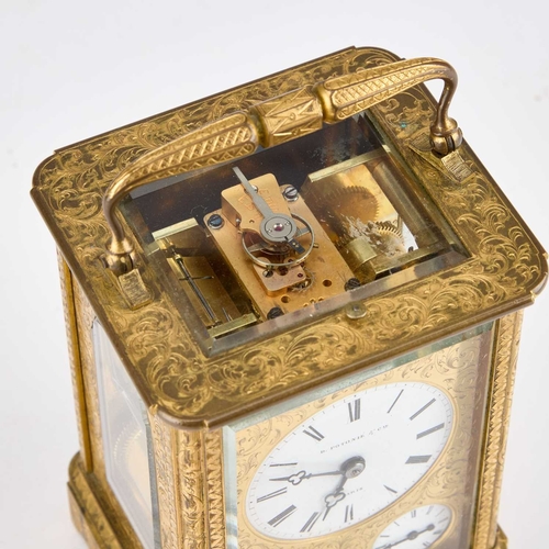 1251 - A FINE 19TH CENTURY BRASS CASED REPEATING CARRIAGE CLOCK WITH ALARM AND CALENDAR DIAL SIGNED D. POTO... 