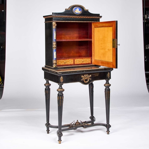 1270 - A NAPOLEON III GILT-METAL MOUNTED, PAINTED AND EBONISED BONHEUR-DU-JOUR the upper section with a pai... 