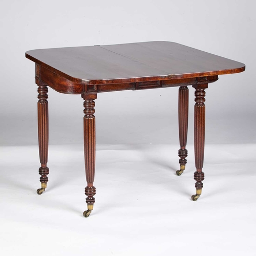 1279 - A REGENCY ROSEWOOD FOLDOVER TEA TABLE raised on reeded tapering legs. 77cm high, 91cm wide, 45cm dee... 