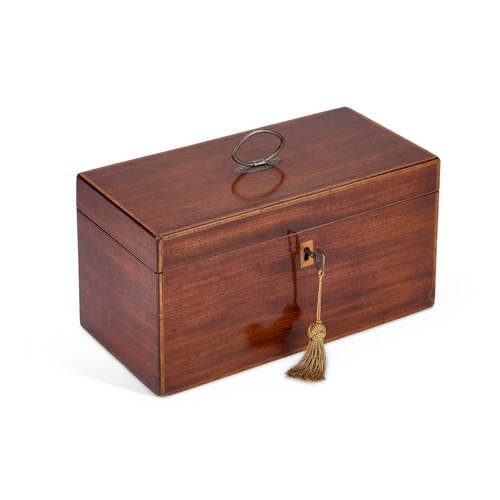 129 - A GEORGE III MAHOGANY TEA CADDY rectangular, satinwood banded and ebony strung, the hinged lid with ... 