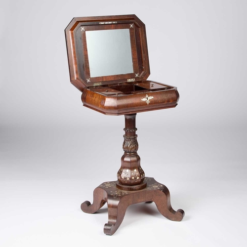 1297 - A 19TH CENTURY CONTINENTAL MOTHER-OF-PEARL INLAID ROSEWOOD WORK TABLE the hinged top with a mirror t... 