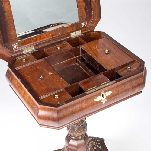 1297 - A 19TH CENTURY CONTINENTAL MOTHER-OF-PEARL INLAID ROSEWOOD WORK TABLE the hinged top with a mirror t... 