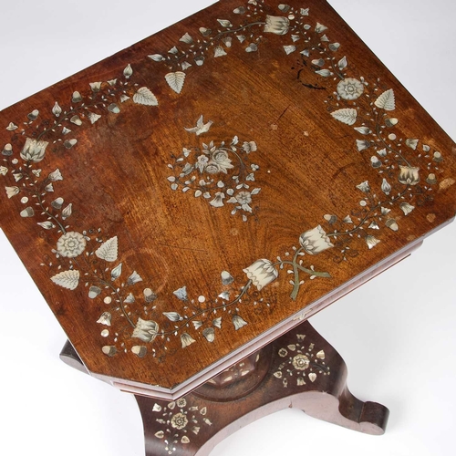 1297 - A 19TH CENTURY CONTINENTAL MOTHER-OF-PEARL INLAID ROSEWOOD WORK TABLE the hinged top with a mirror t... 