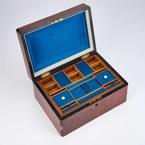 13 - A VICTORIAN AMBOYNA AND INLAID WORKBOX rectangular, the interior with a lift-out compartmentalised t... 